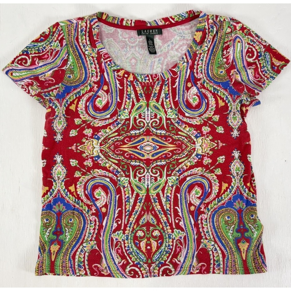 Womens Ralph Lauren Paisley Colorful T Shirt Top Size L Large Red Blouse Cotton
